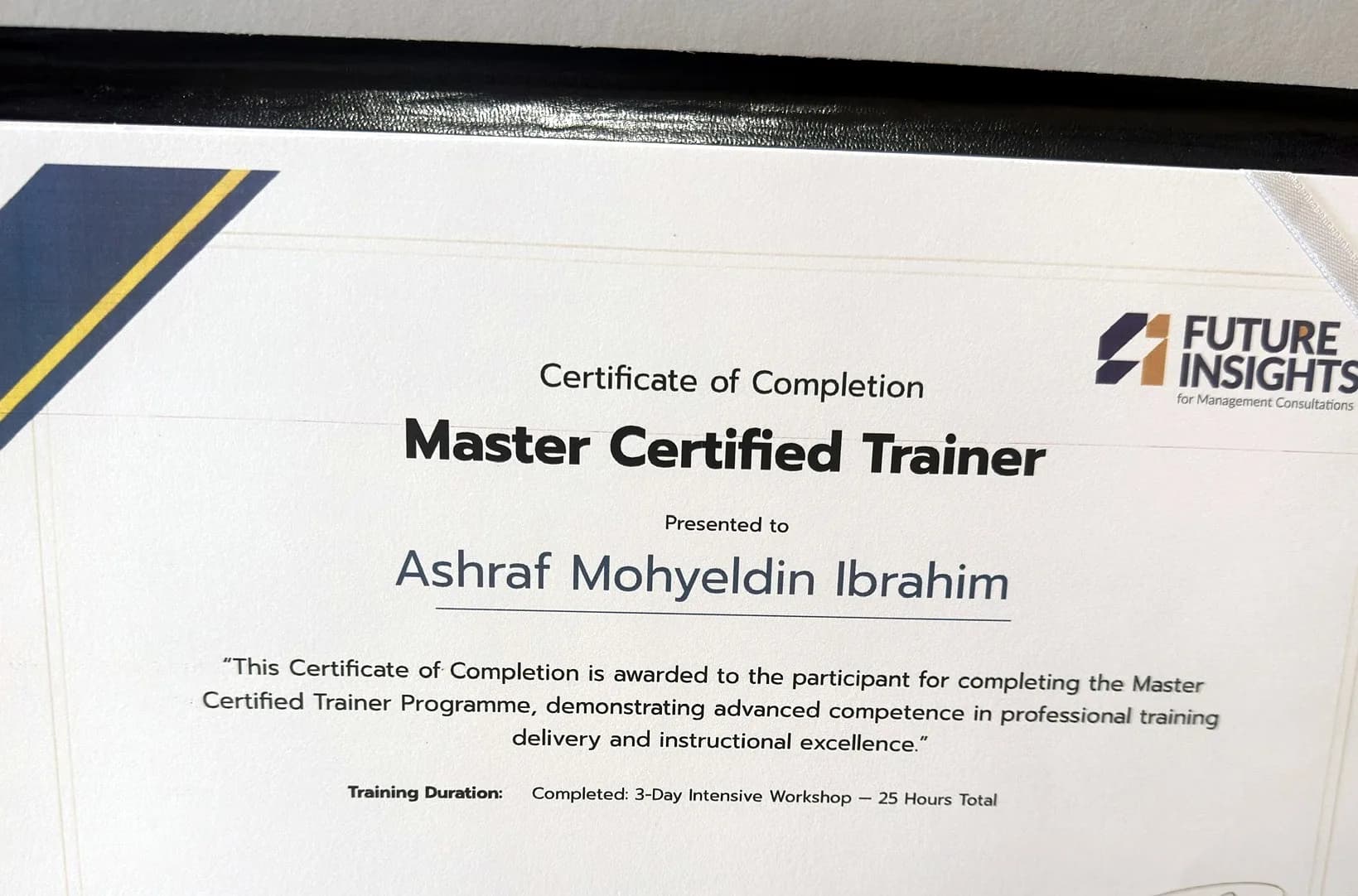 Future Insights Academy Master Certified Trainer certificate issued to Ashraf Mohyeldin Ibrahim, dated 3 October 2026