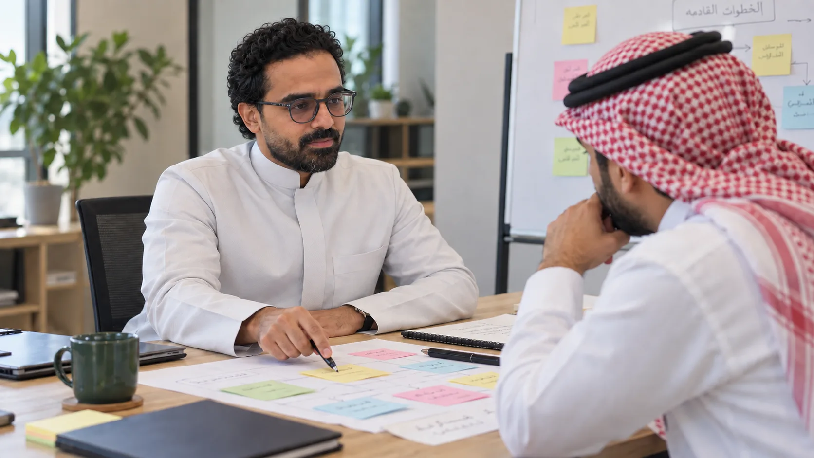 Ashraf Ibrahim explaining a process map of coloured sticky notes on a table, while the colleague across from him listens