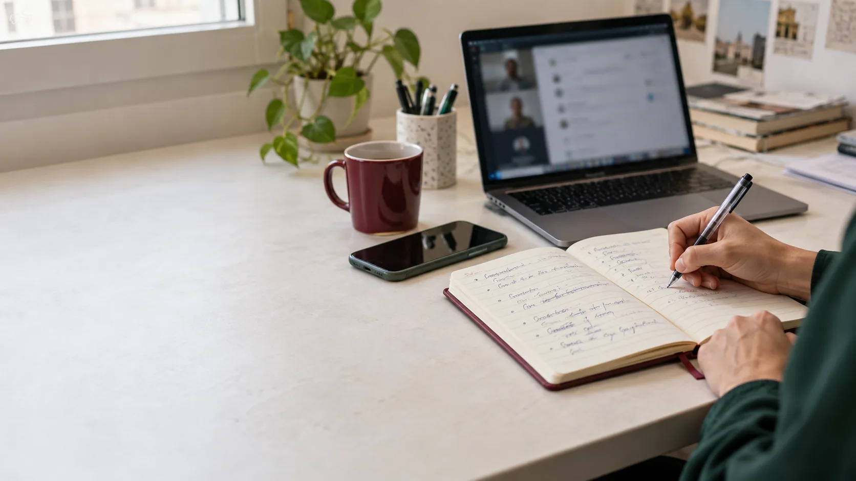 A hand writing notes in a burgundy notebook beside a phone, a burgundy mug and a laptop showing a video call