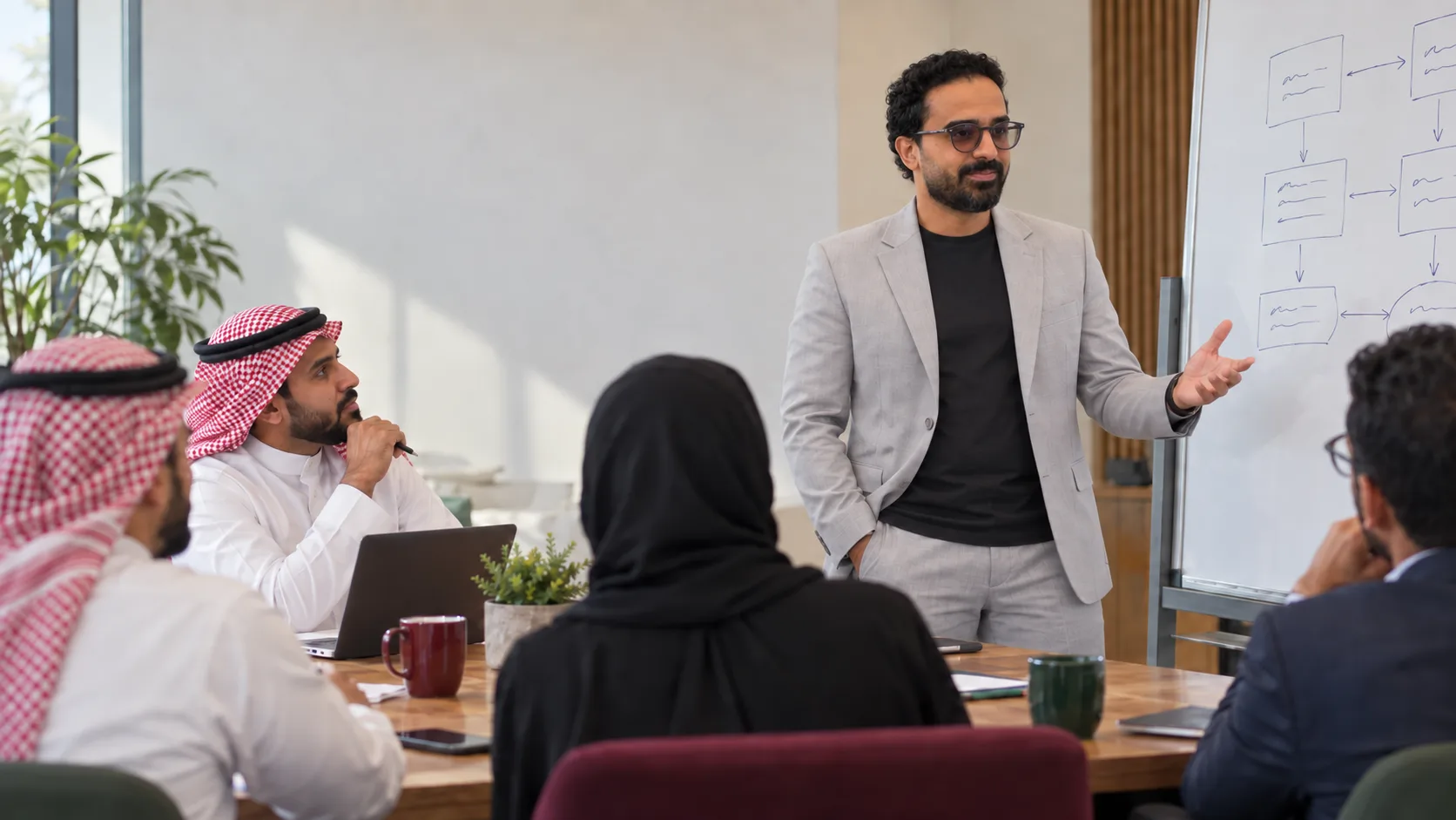 A training room: Ashraf Ibrahim beside a flip chart with a process sketch leads a workshop while men and women seated at desks listen