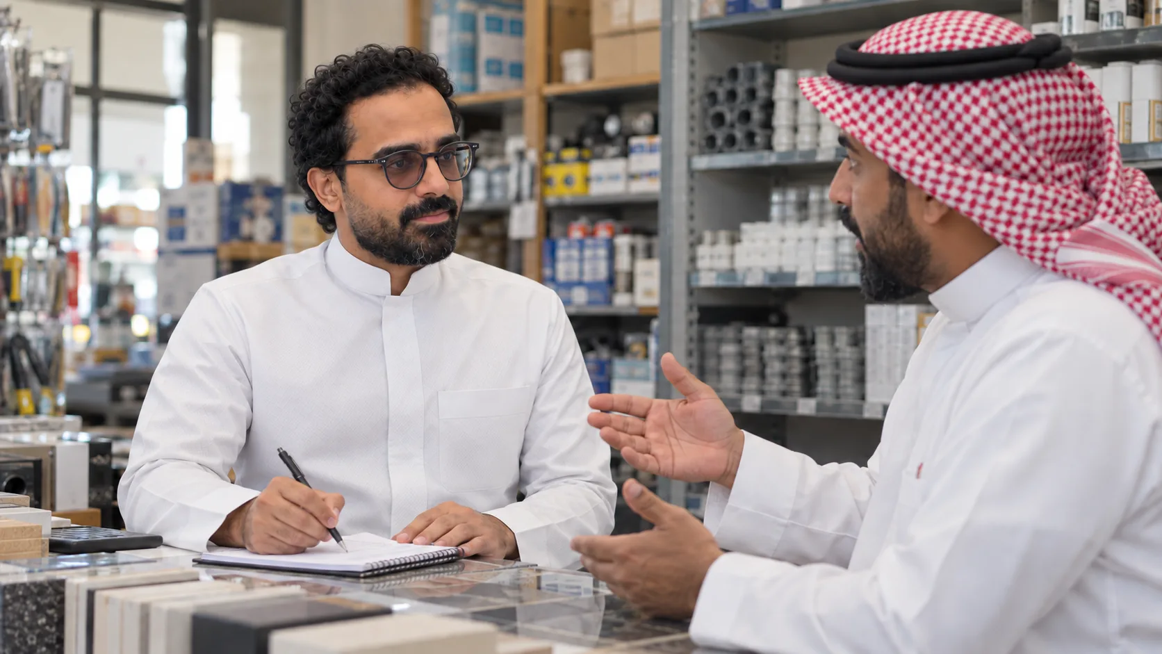 أشرف إبراهيم يستمع ويدوّن ملاحظات عند طاولة عمل عليها عينات مواد، بينما يشرح الرجل المقابل له فكرة