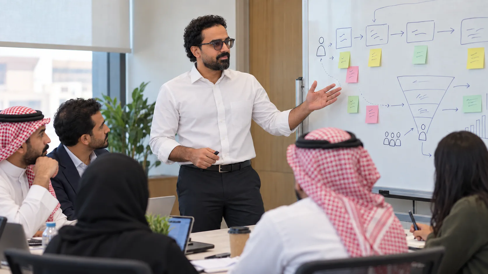 أشرف إبراهيم عند السبورة يشرح قمع مبيعات ومخطط مراحل لزملاء جالسين حول طاولة اجتماعات