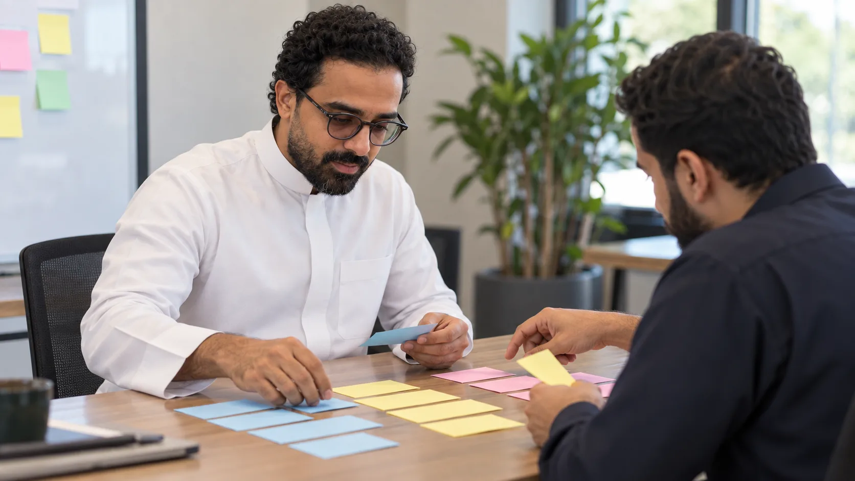 Ashraf Ibrahim sorting coloured cards into rows on a wooden table with a colleague across from him