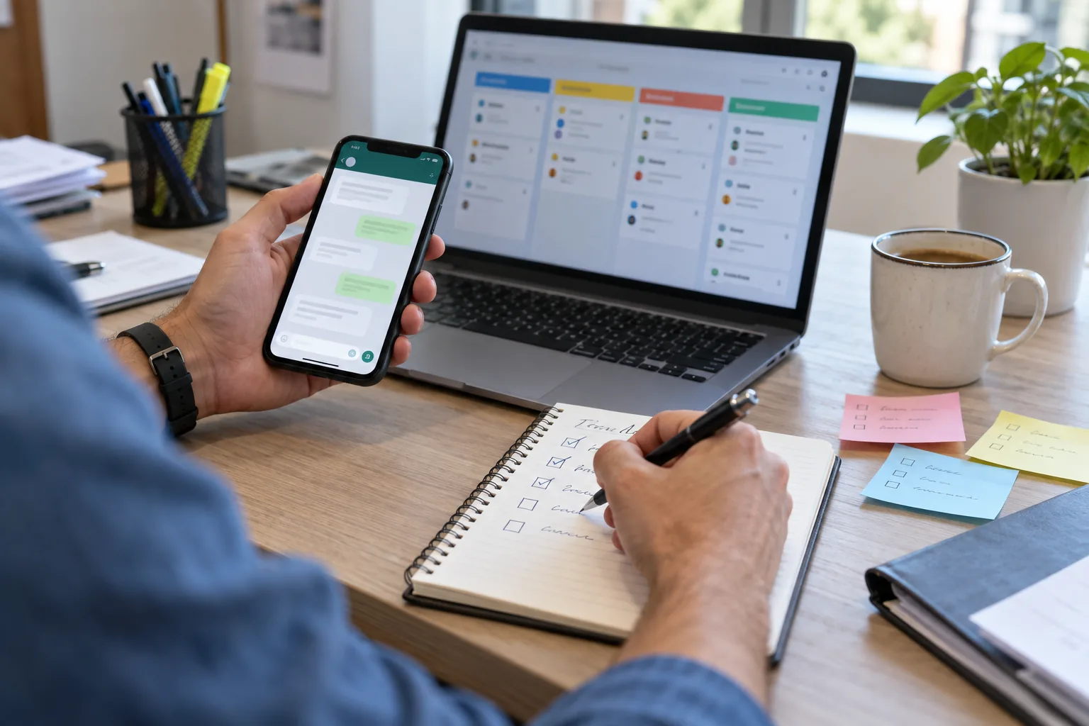 A person holding a phone with a chat open while ticking off a follow-up checklist in a notebook, a laptop showing a pipeline board in front of them