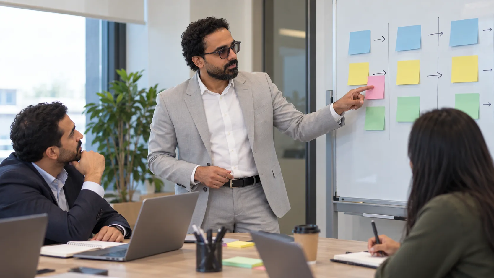 Ashraf Ibrahim pointing at columns of coloured notes on a whiteboard while a colleague at the desk listens and another takes notes
