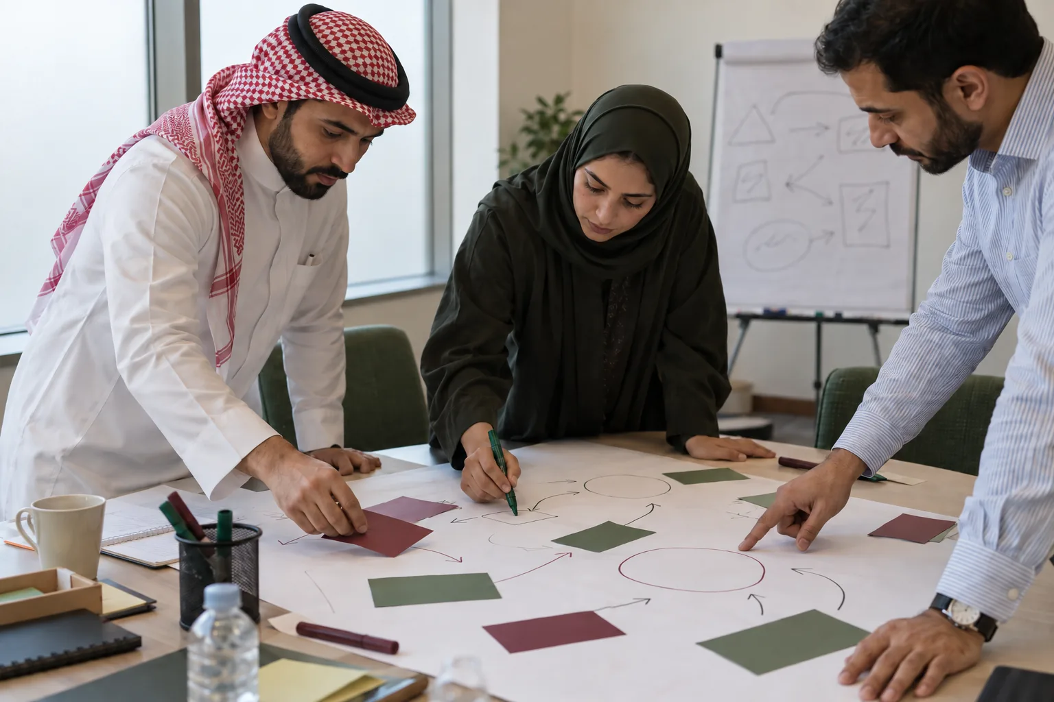 Three colleagues, a man in a shemagh, a woman in a hijab and a man in a shirt, leaning over a large paper map and arranging coloured cards on it