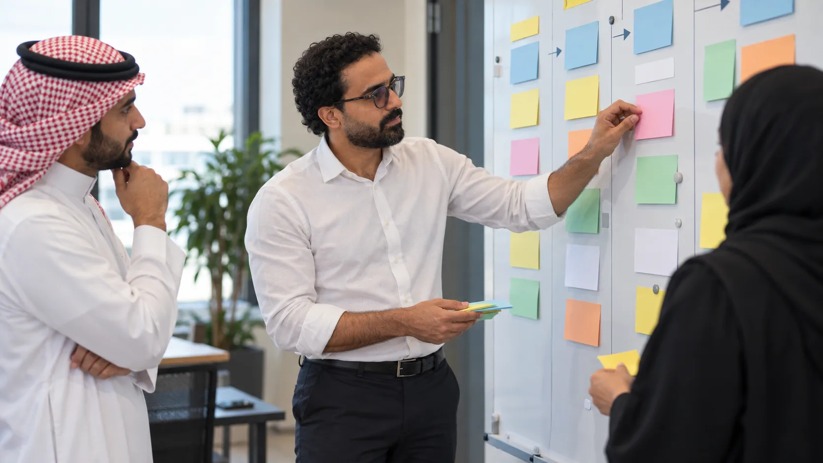 Ashraf Ibrahim placing a sticky note on a whiteboard roadmap of coloured notes while a man in a thobe and a woman in a hijab work beside him