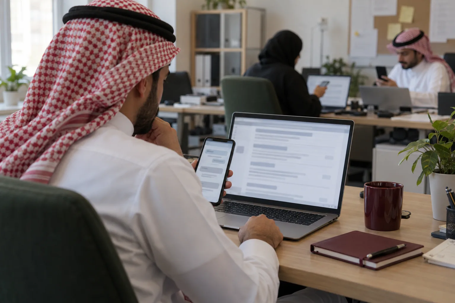 رجل بالشماغ على مكتبه يتفقّد هاتفه أمام حاسوب محمول مفتوح، وزملاؤه يعملون على مكاتبهم خلفه