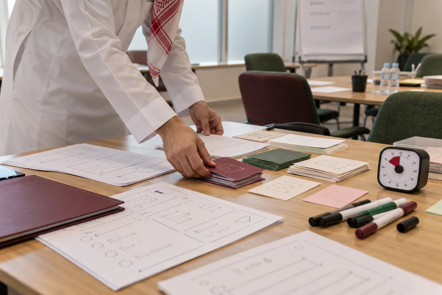 A man in a thobe laying out card decks, printed worksheets, markers and a timer on a table before a workshop begins